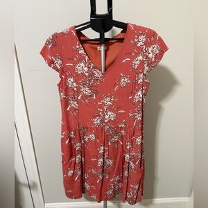 Garnet Hill Dress Womens 8 Red Orange Floral V Neck Short Sleeve Lined